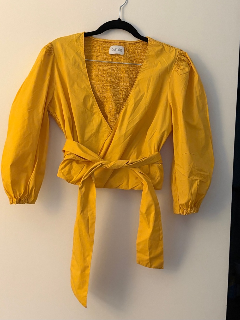 Saylor Mustard Wrap Top with Puff Sleeves. Size S-M